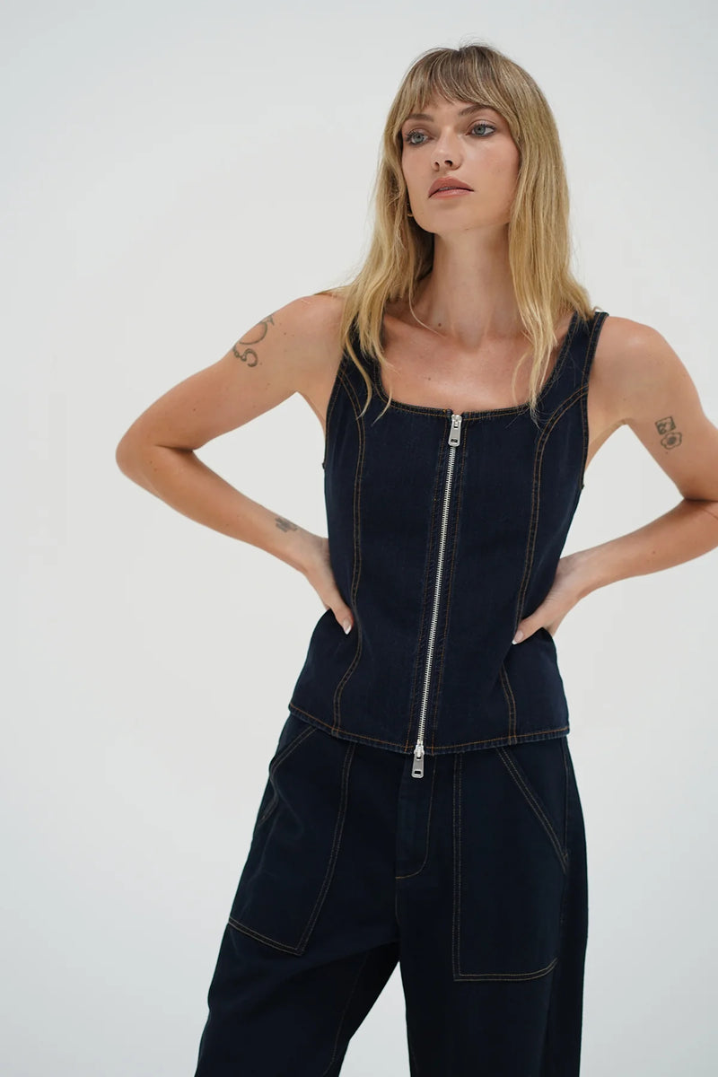 LNA | Gili Zip Tank - Raw Look Denim
