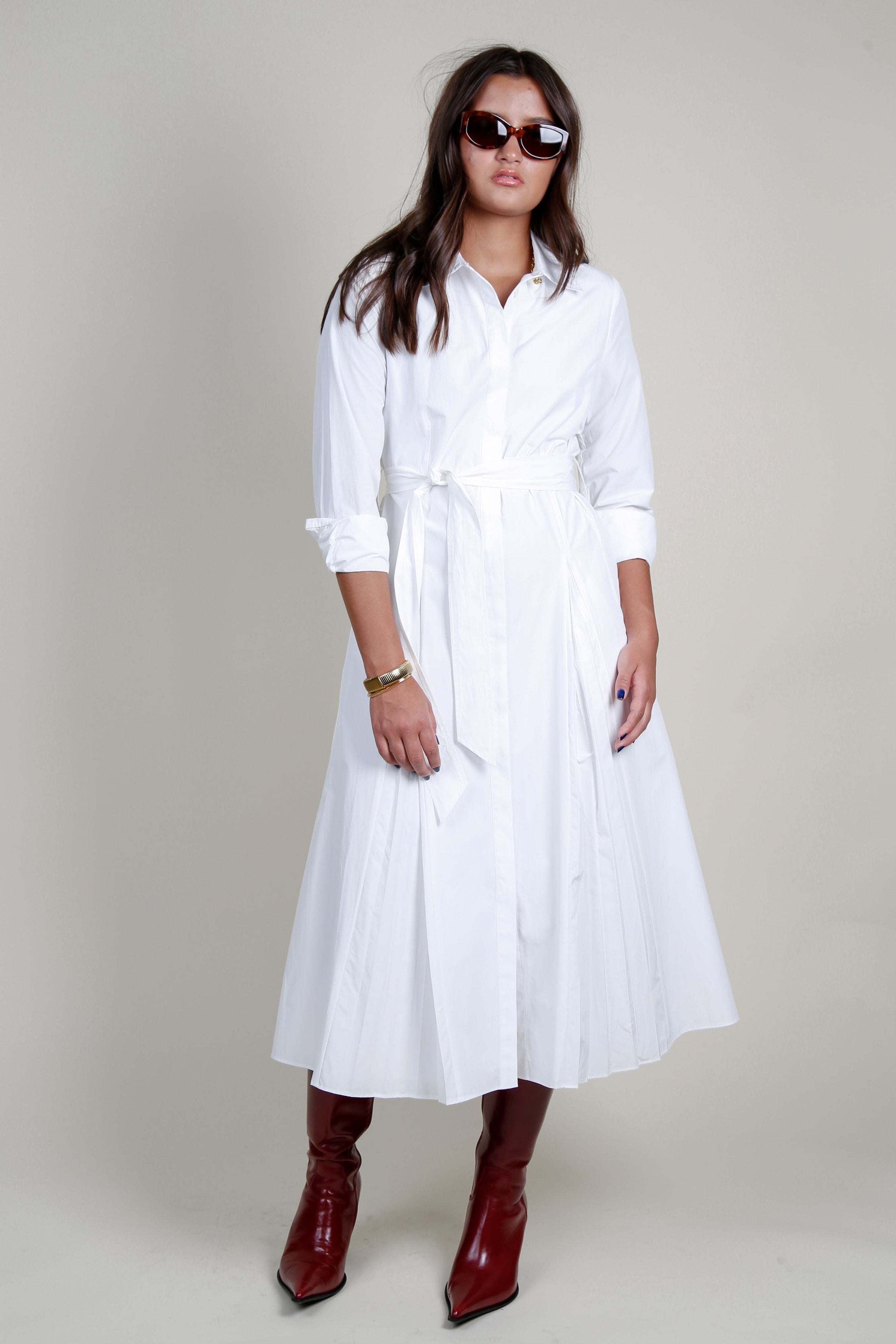 DEREK LAM | Annette Long Sleeve Pleated Shirt Dress - White Scarlet Clothing DEREK LAM | Annette Long Sleeve Pleated Shirt Dress - White Scarlet Clothing