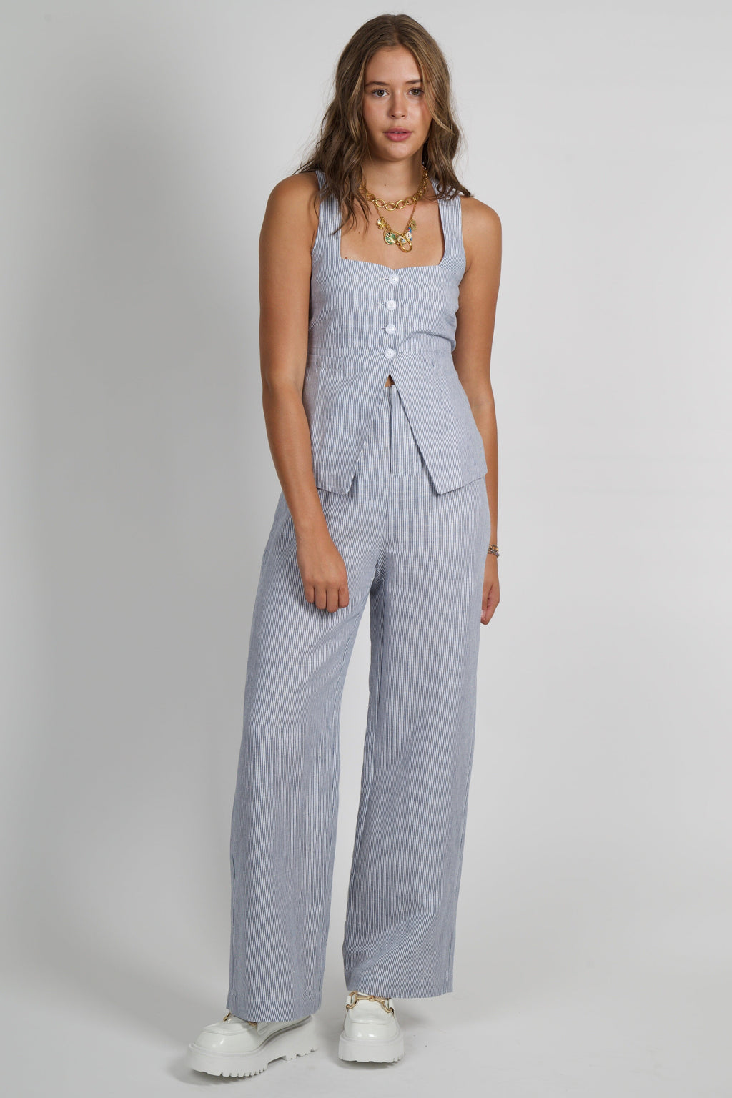 OLIVACEOUS | Pinstripe Highwaisted Pants - Chambray