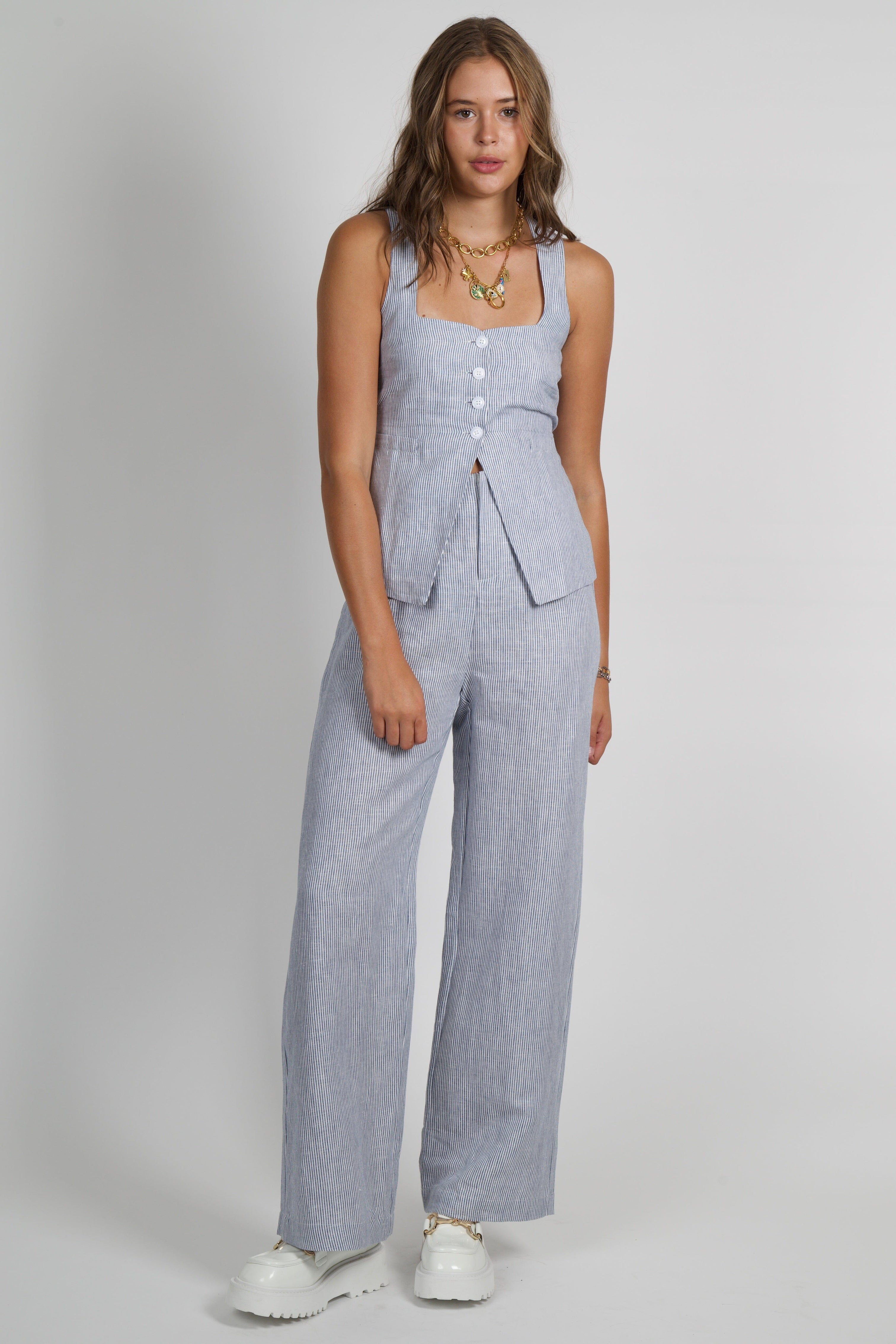 OLIVACEOUS | Pinstripe Linen Vest - Chambray – Scarlet Clothing
