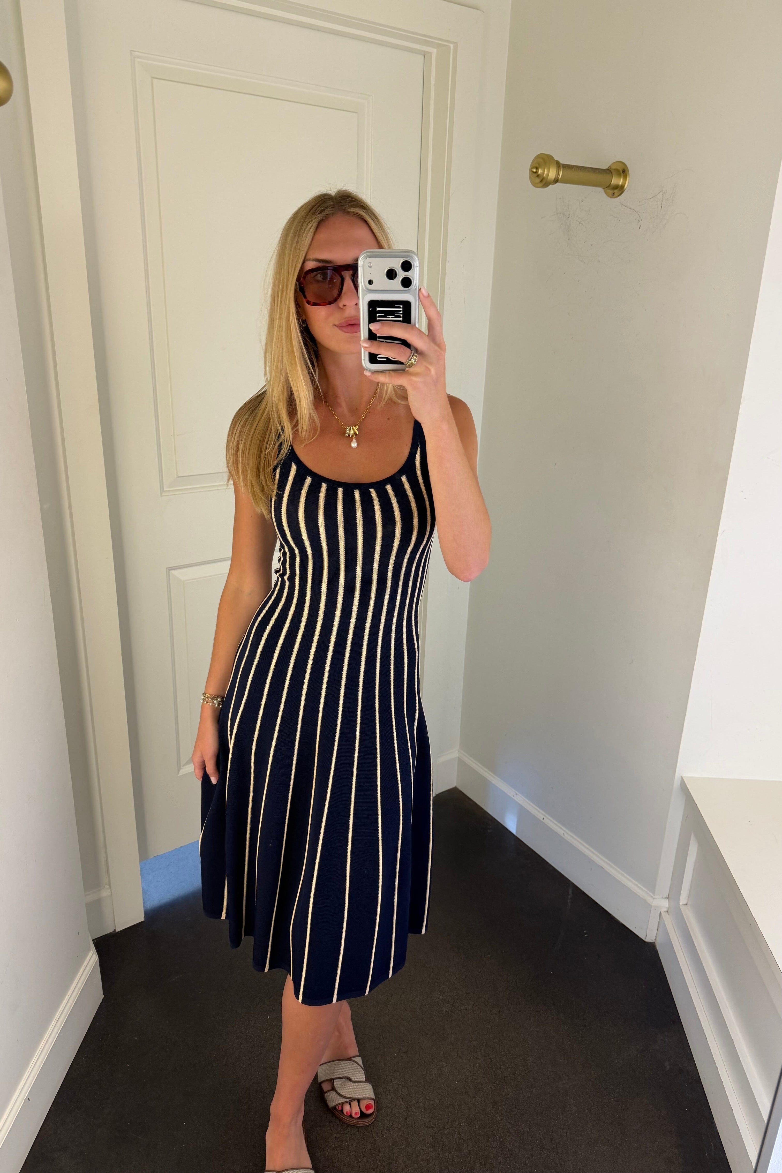 navy blue and white striped knit dress English Factory Stripe Long Sleeve Sweater Dress