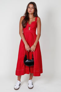 AUREUM | Contrast Stitch Plunge Dress - Red