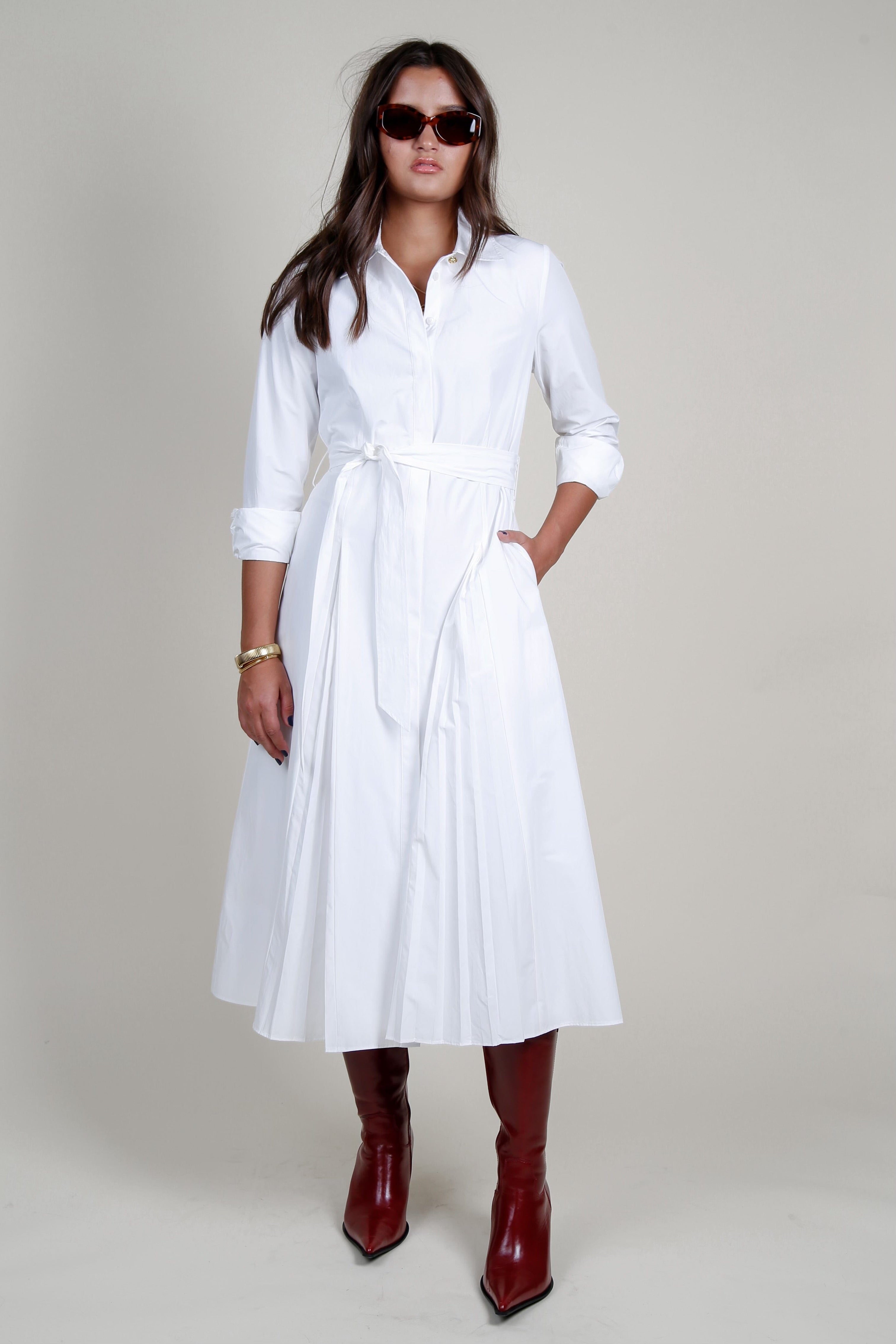 DEREK LAM | Annette Long Sleeve Pleated Shirt Dress - White Scarlet Clothing DEREK LAM | Annette Long Sleeve Pleated Shirt Dress - White Scarlet Clothing