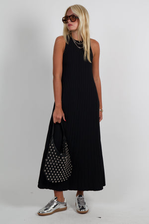 ENGLISH FACTORY | Pleated A-line Knit Midi Dress - Black