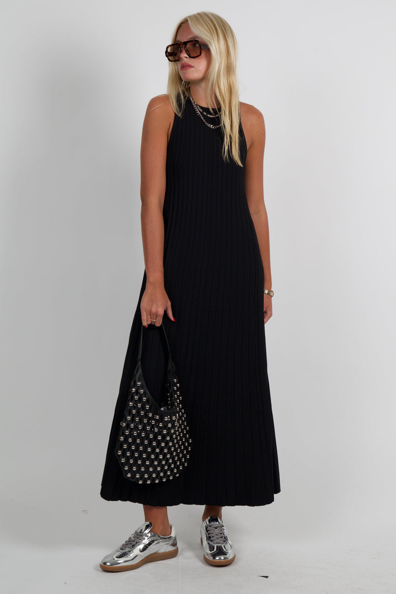 ENGLISH FACTORY | Pleated A-line Knit Midi Dress - Black