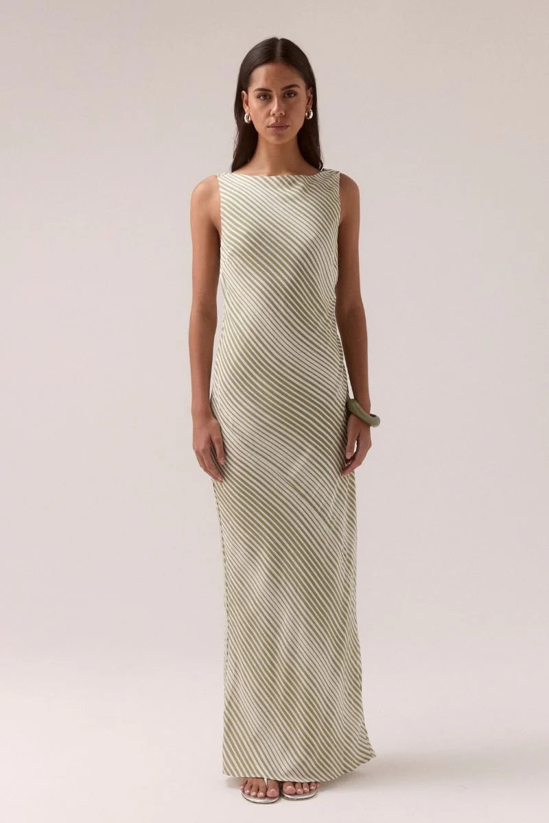 SOVERE | Vista Bias Dress - Olive Stripe