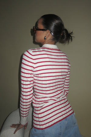 ONLINE ONLY | Contrast Stitch Cardigan - Cream + Red