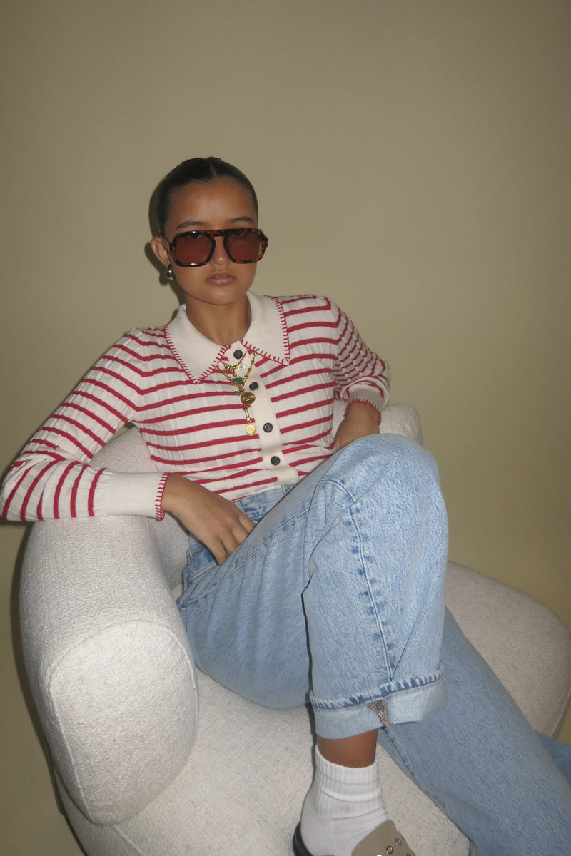 ONLINE ONLY | Contrast Stitch Cardigan - Cream + Red