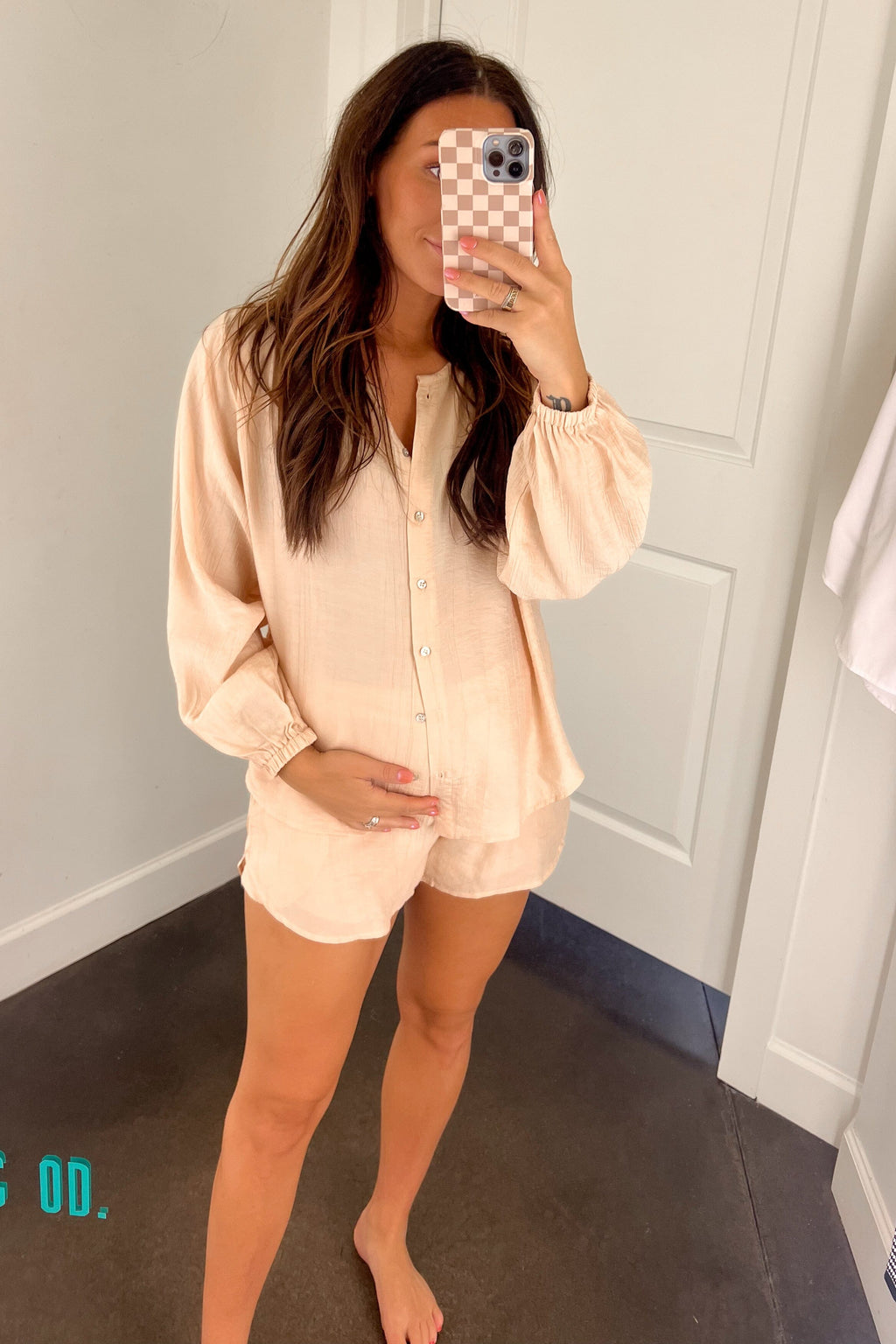 Bubble Sleeve Shorts Set - Beige