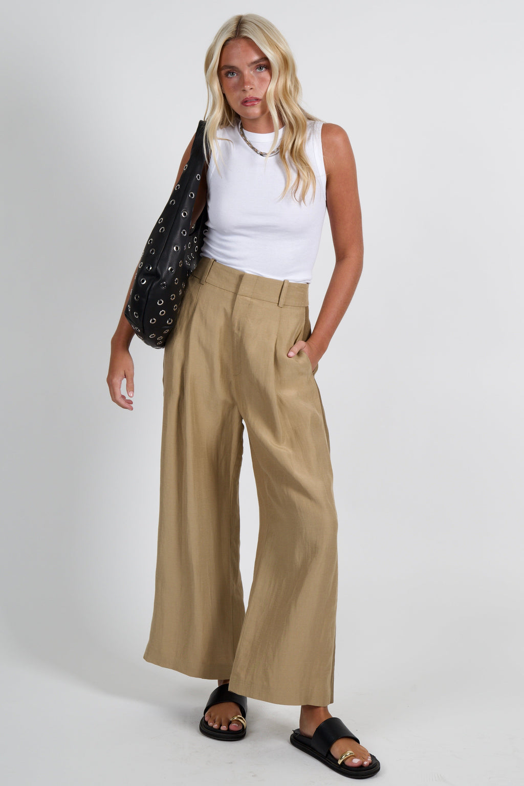 SMYTHE | Tux Stripe Crop Pleated Trouser - Tan