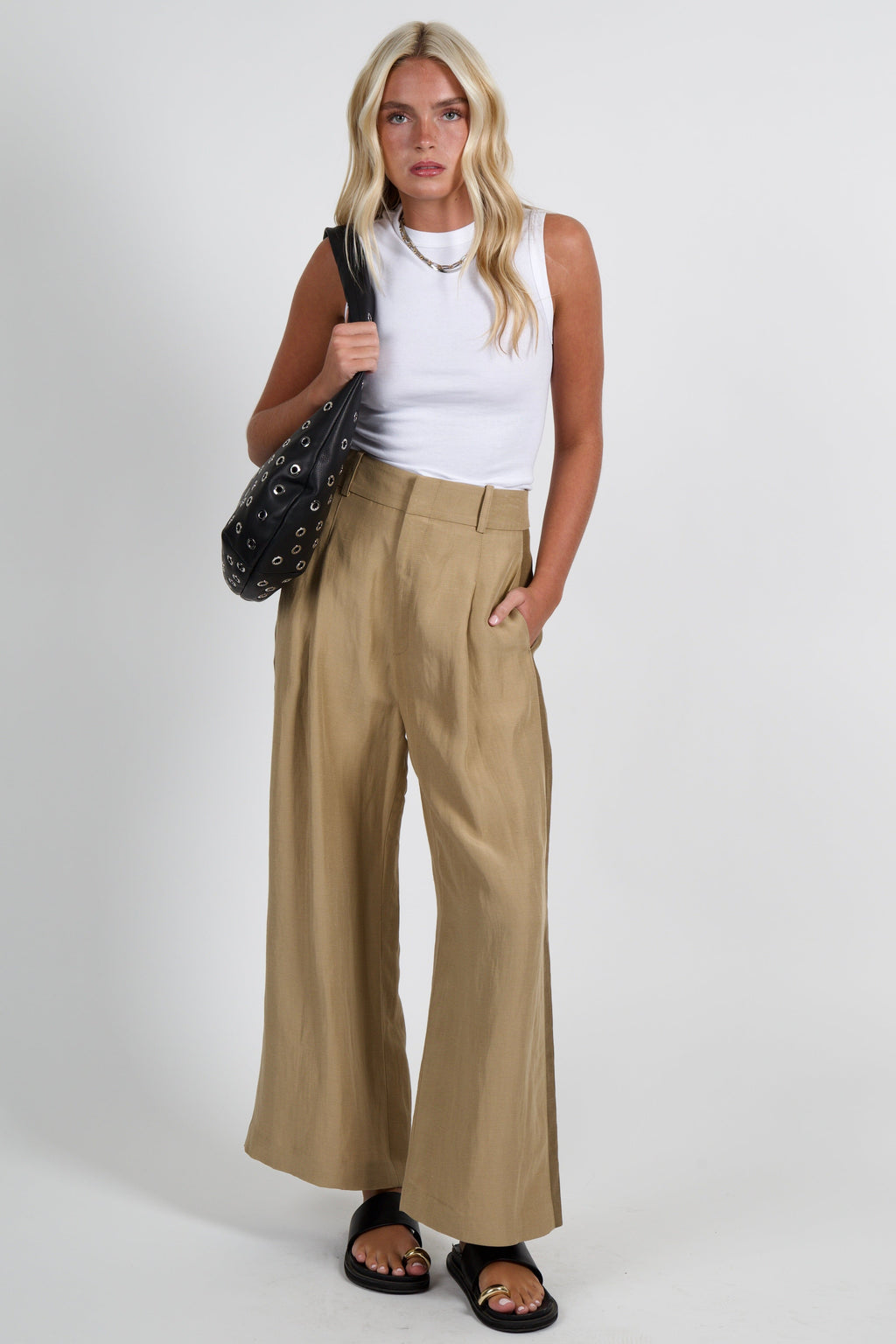 SMYTHE | Tux Stripe Crop Pleated Trouser - Tan