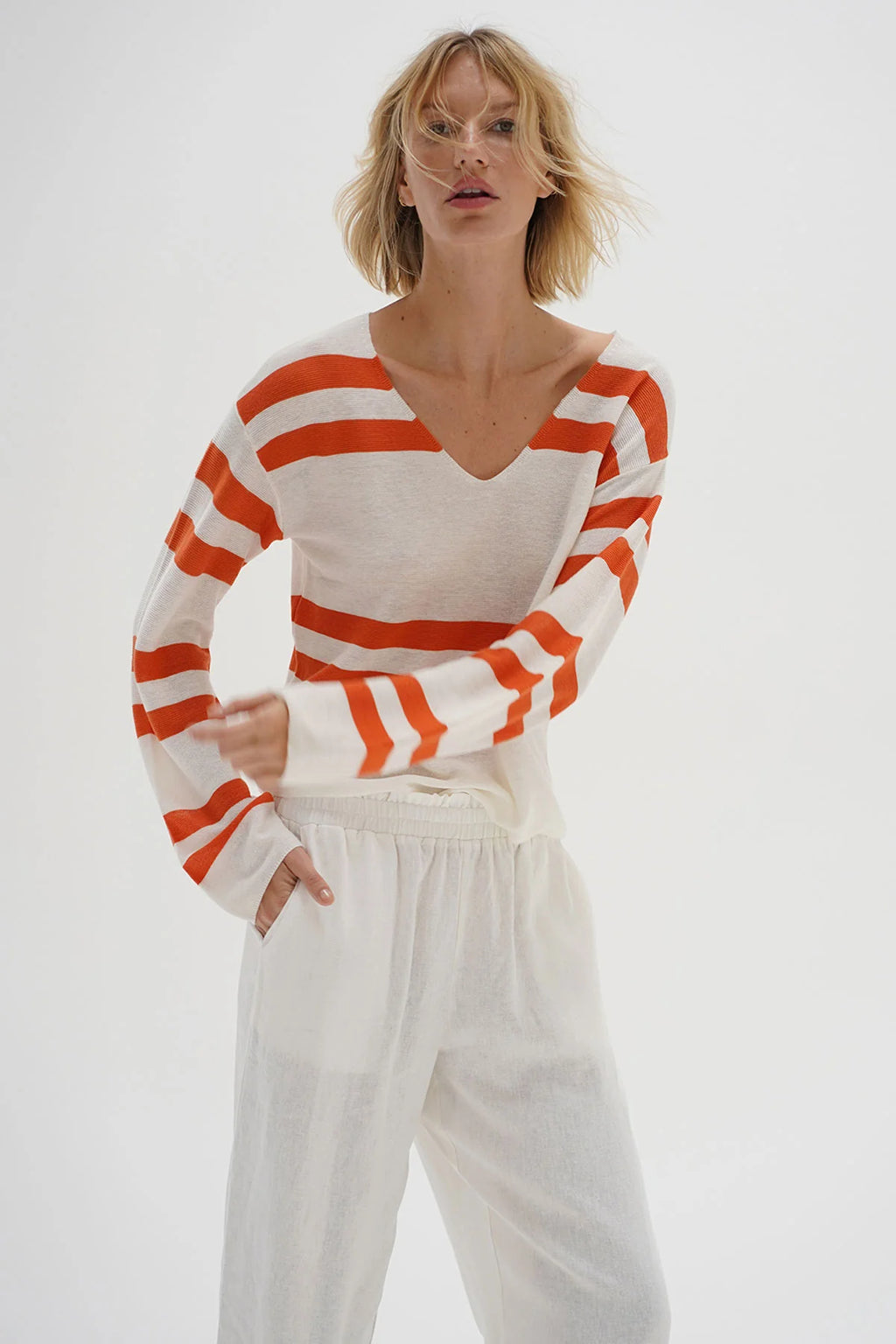 LNA | Lucky Sweater - Coral Ivory Stripe