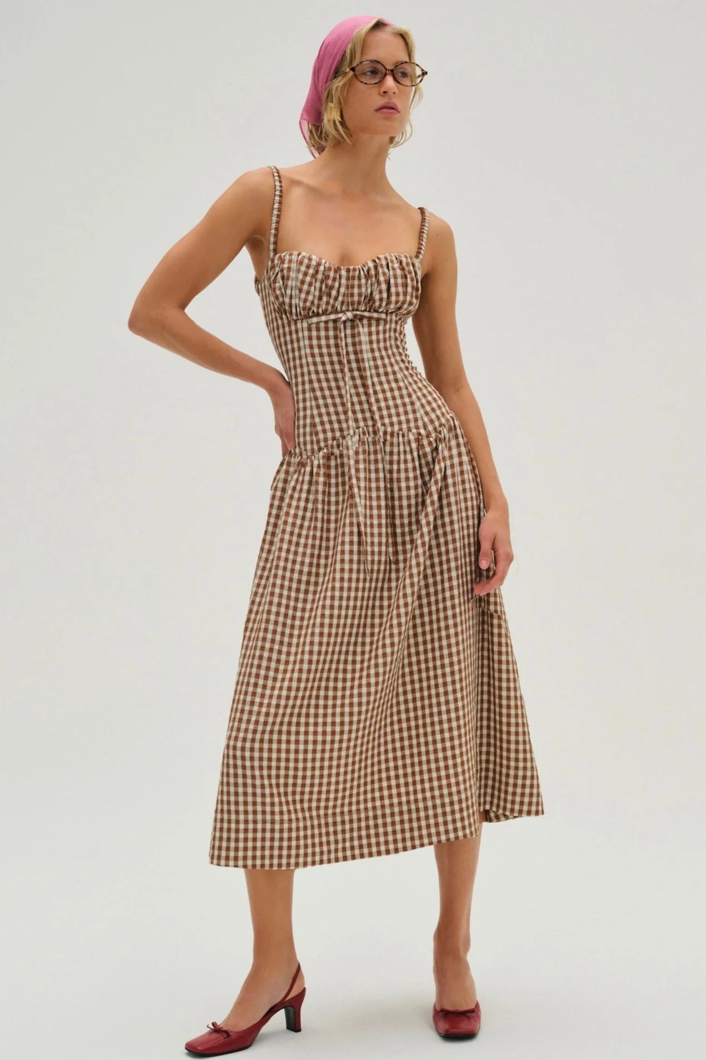 FOR LOVE & LEMONS | Gingerbread Gingham Midi Dress - Brown Scarlet Clothing FOR LOVE & LEMONS | Gingerbread Gingham Midi Dress - Brown Scarlet Clothing