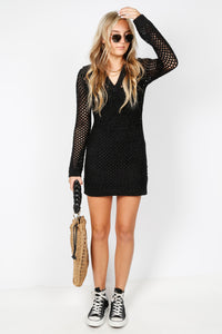 Collar Crochet Knit Dress - Black