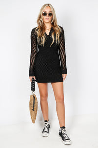 Collar Crochet Knit Dress - Black