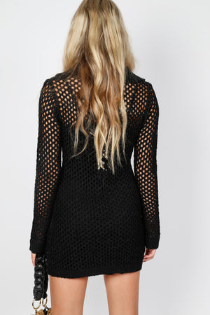 Collar Crochet Knit Dress - Black