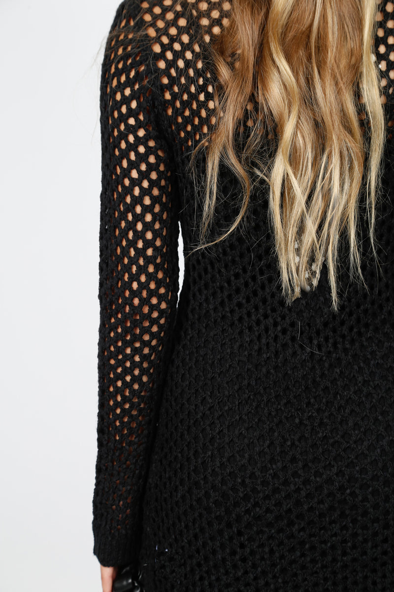 Collar Crochet Knit Dress - Black