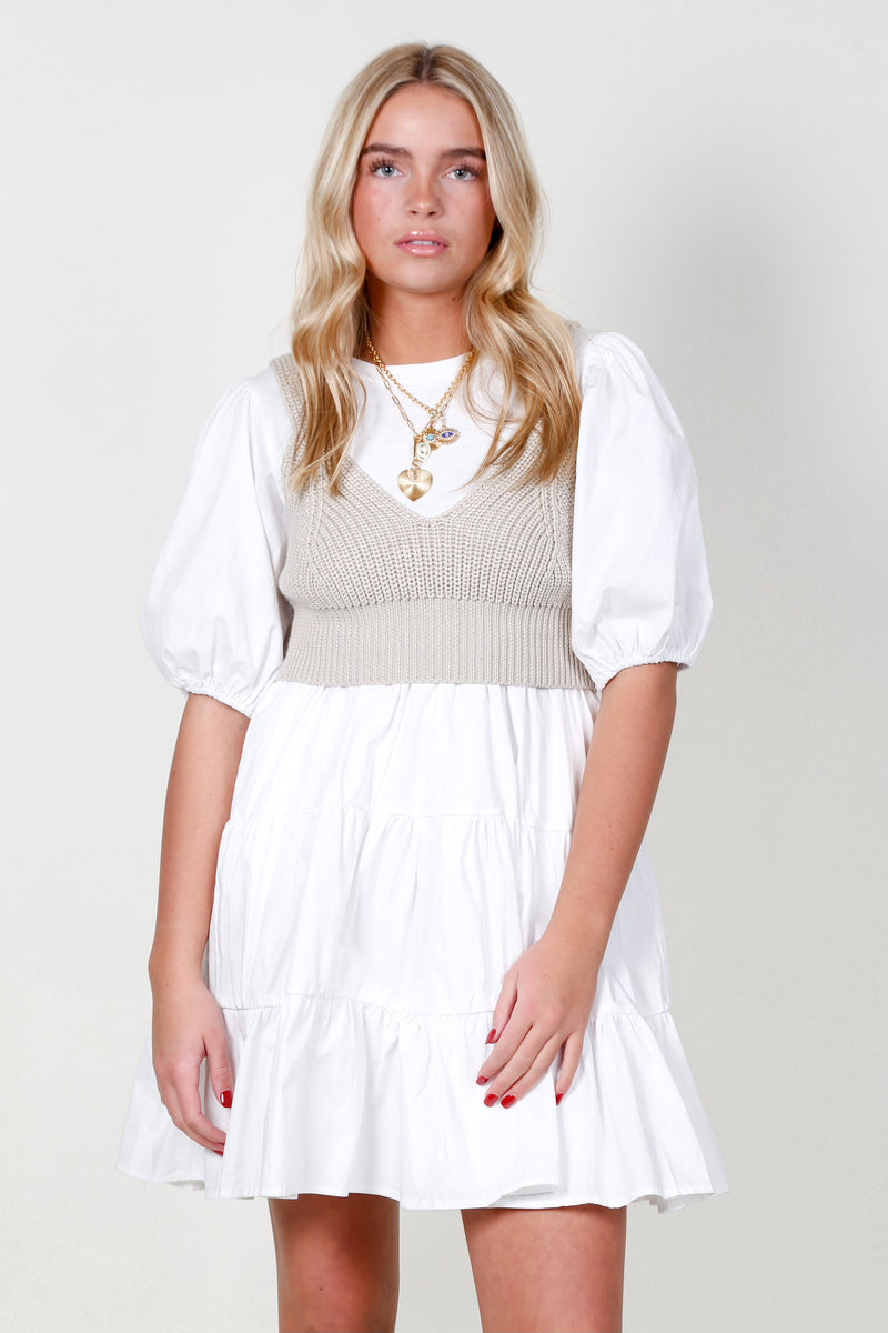 Bella Combo Knit Mini Dress - White + Taupe