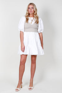 Bella Combo Knit Mini Dress - White + Taupe