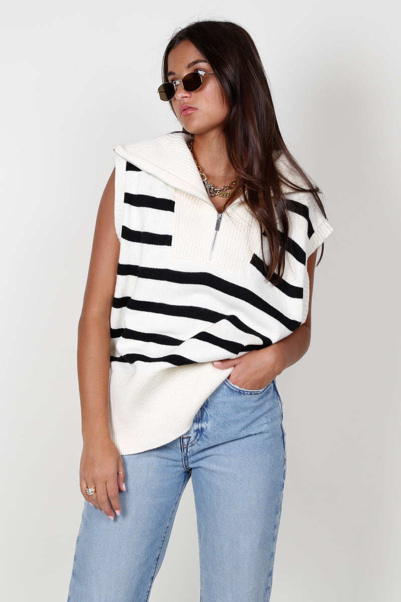 Zipped Up Striped Vest - Cream