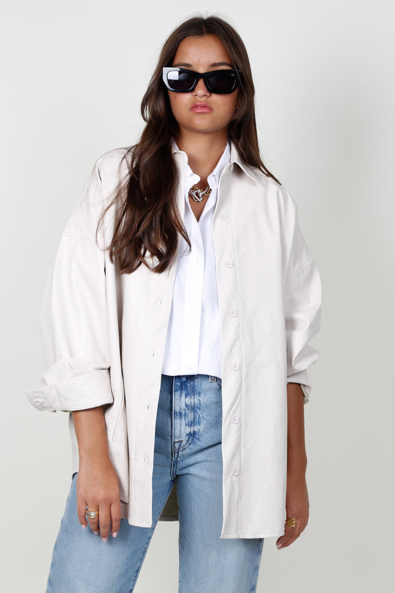Faux Leather Oversized Button Up - Ecru