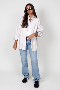 Faux Leather Oversized Button Up - Ecru