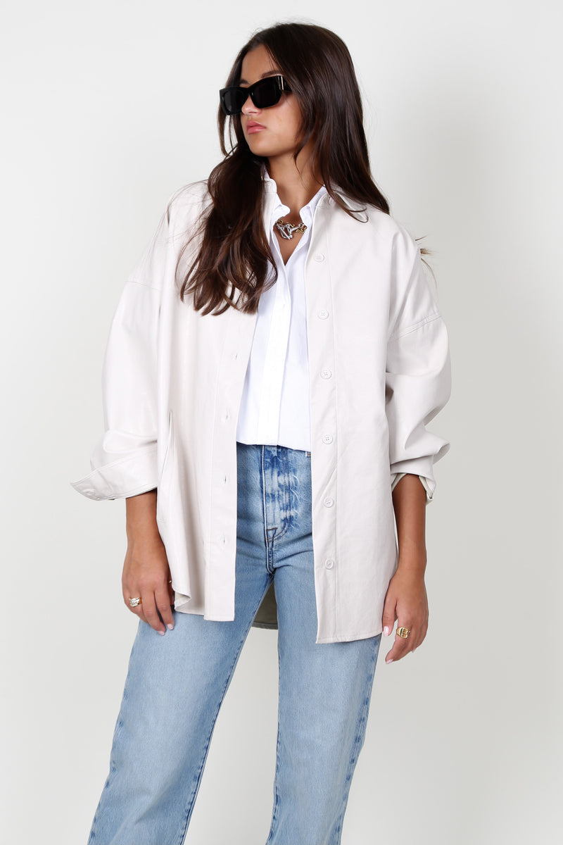 Faux Leather Oversized Button Up - Ecru