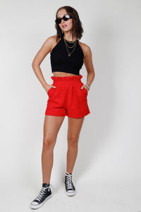 Linen Paperbag Shorts - Red