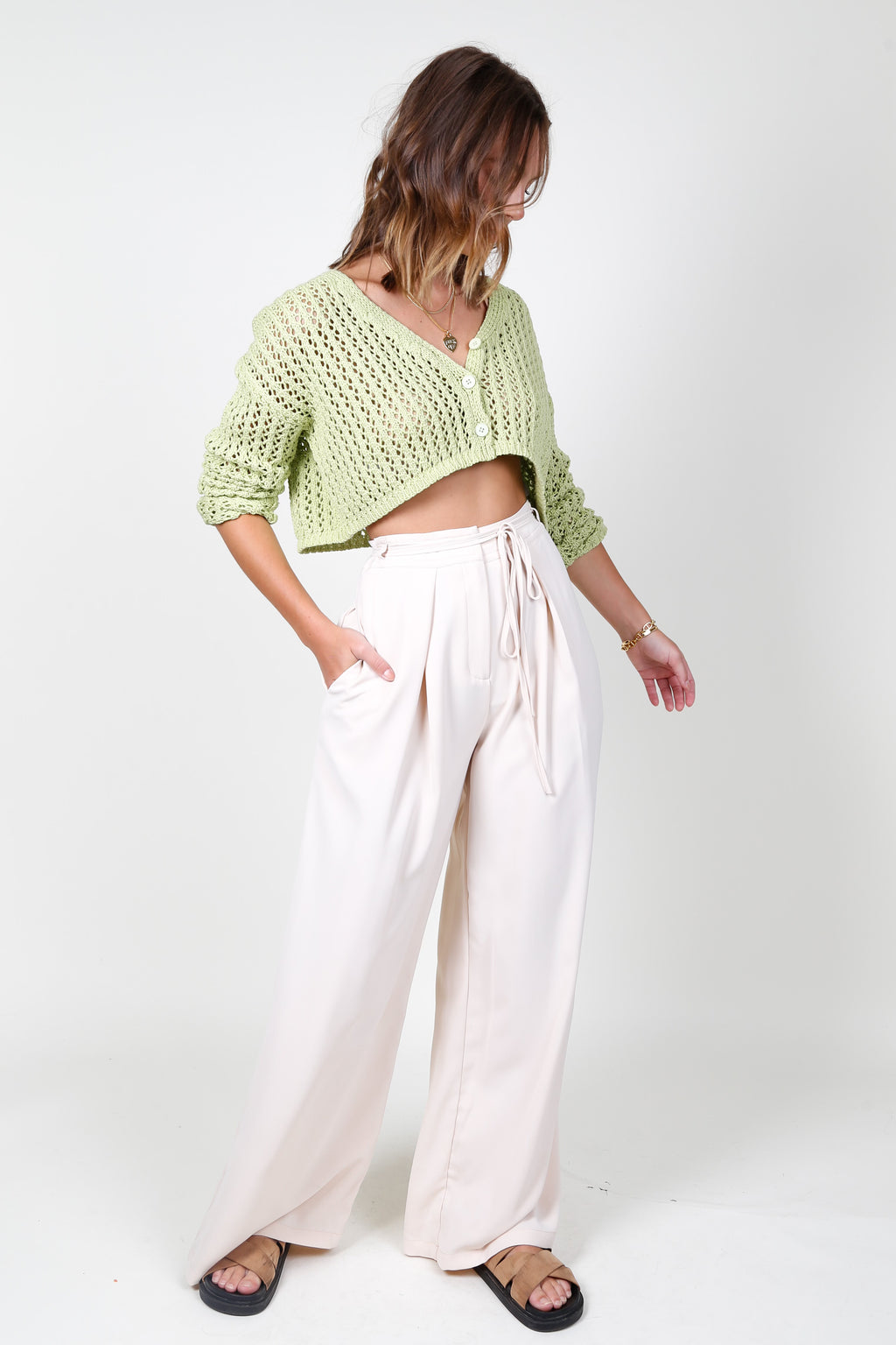 Loose Knit Crop Cardi - Lime