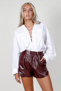 High Waisted Faux Leather Shorts - Burgundy