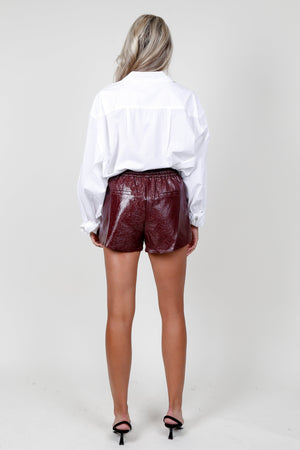 High Waisted Faux Leather Shorts - Burgundy