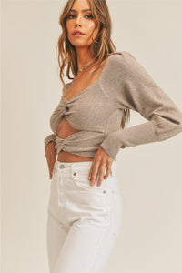 Long Sleeve Twist Crop Sweater - Mocha