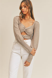 Long Sleeve Twist Crop Sweater - Mocha