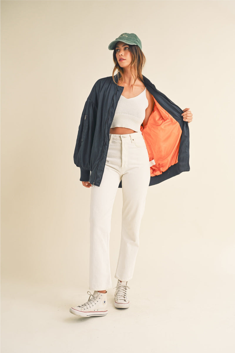 Puff Sleeve Bomber Jacket - Navy