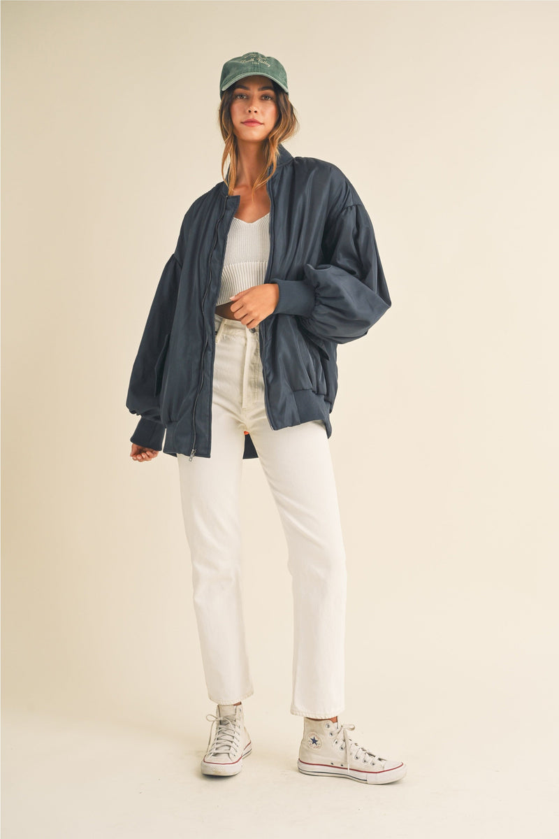 Puff Sleeve Bomber Jacket - Navy