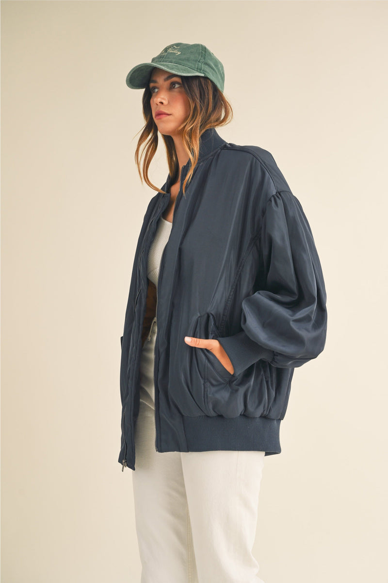 Puff Sleeve Bomber Jacket - Navy