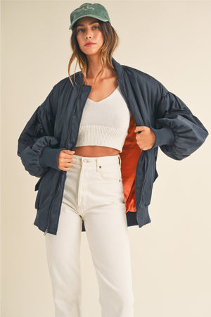 Puff Sleeve Bomber Jacket - Navy