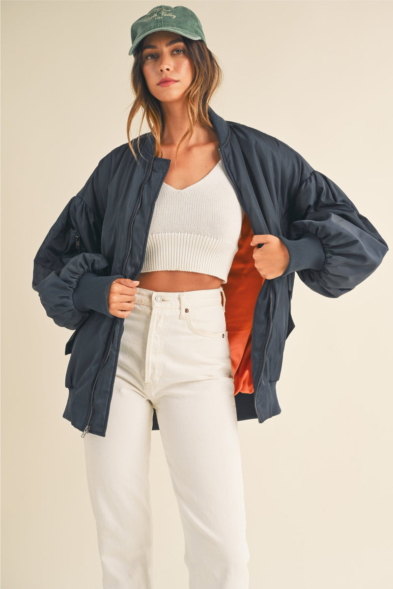 Puff Sleeve Bomber Jacket - Navy