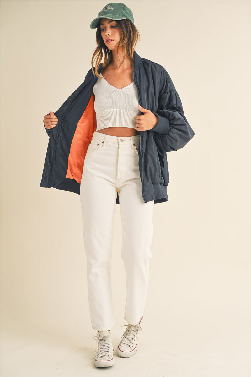 Puff Sleeve Bomber Jacket - Navy