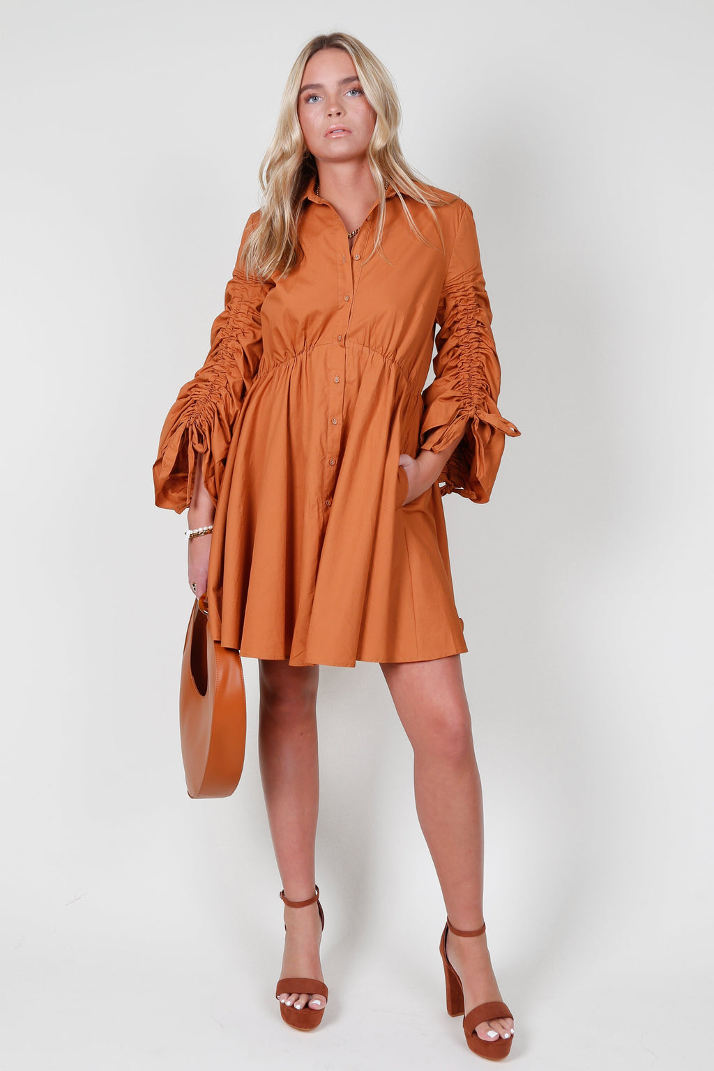 AUREUM | Drawstring Sleeve Mini Dress - Chestnut