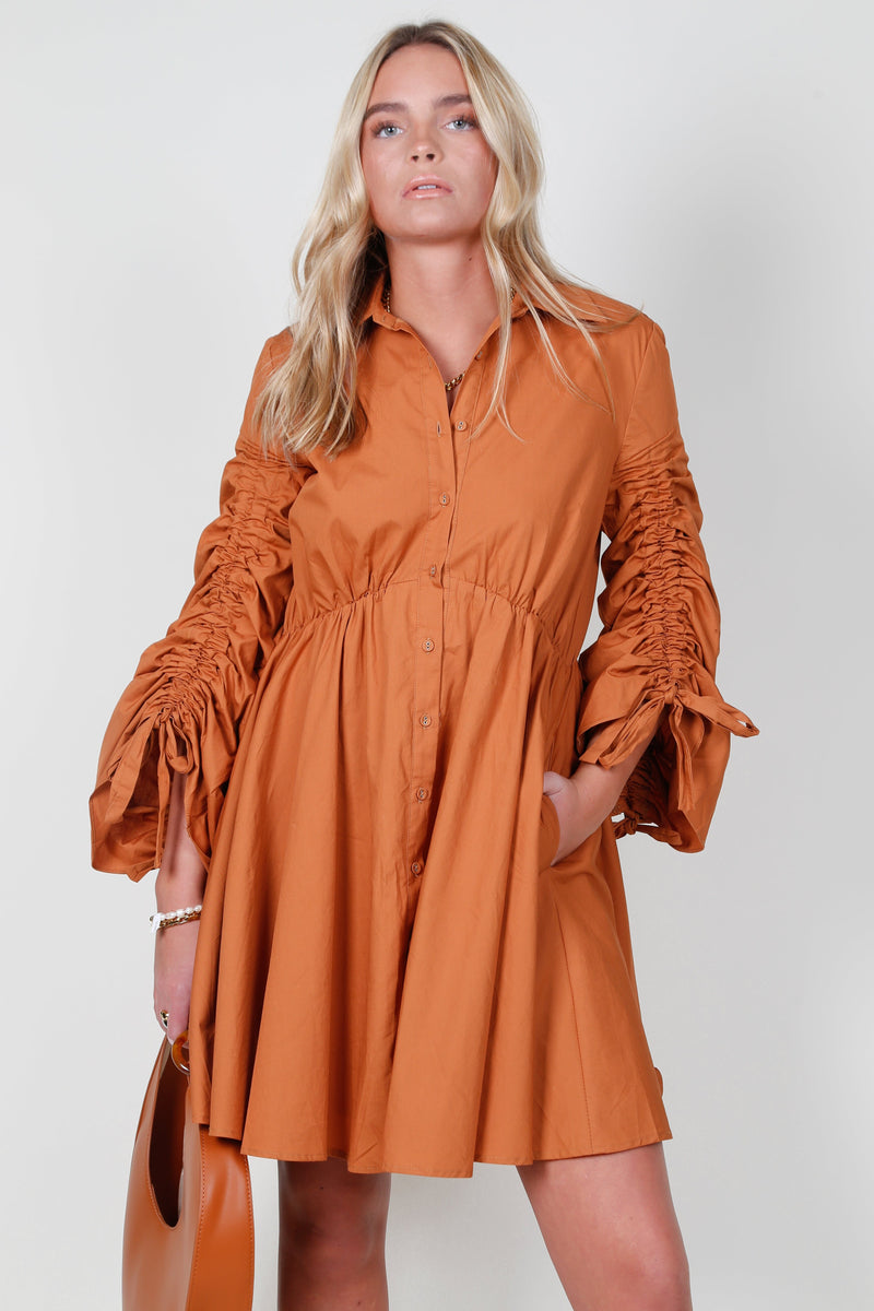 AUREUM | Drawstring Sleeve Mini Dress - Chestnut