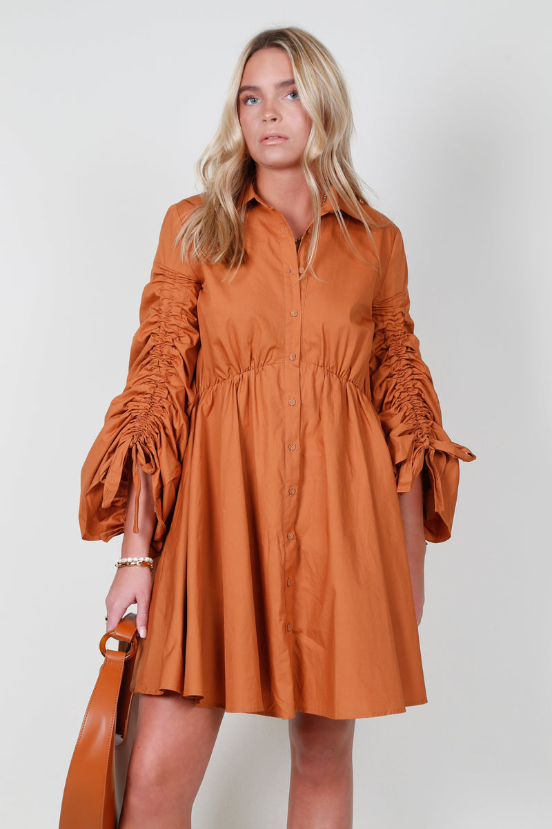 AUREUM | Drawstring Sleeve Mini Dress - Chestnut