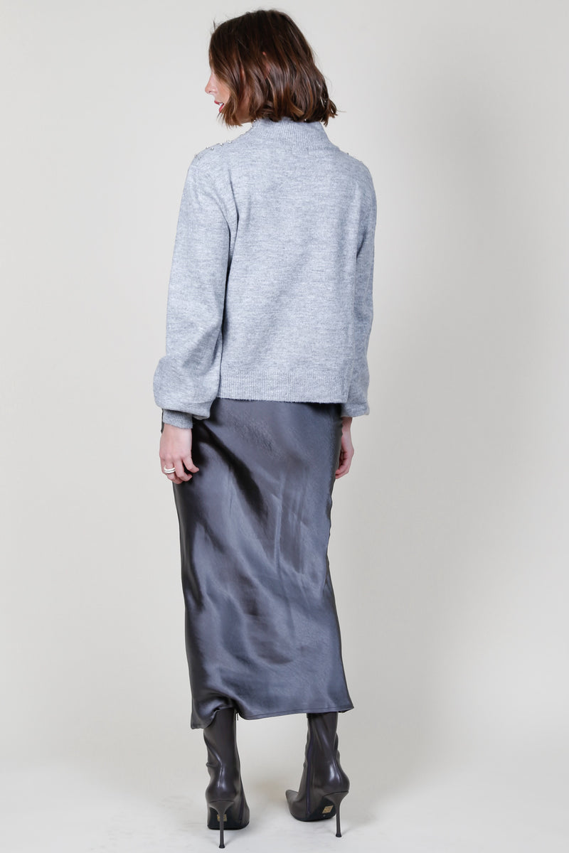Mock Neck Long Sleeve Embellished Sweater - Grey