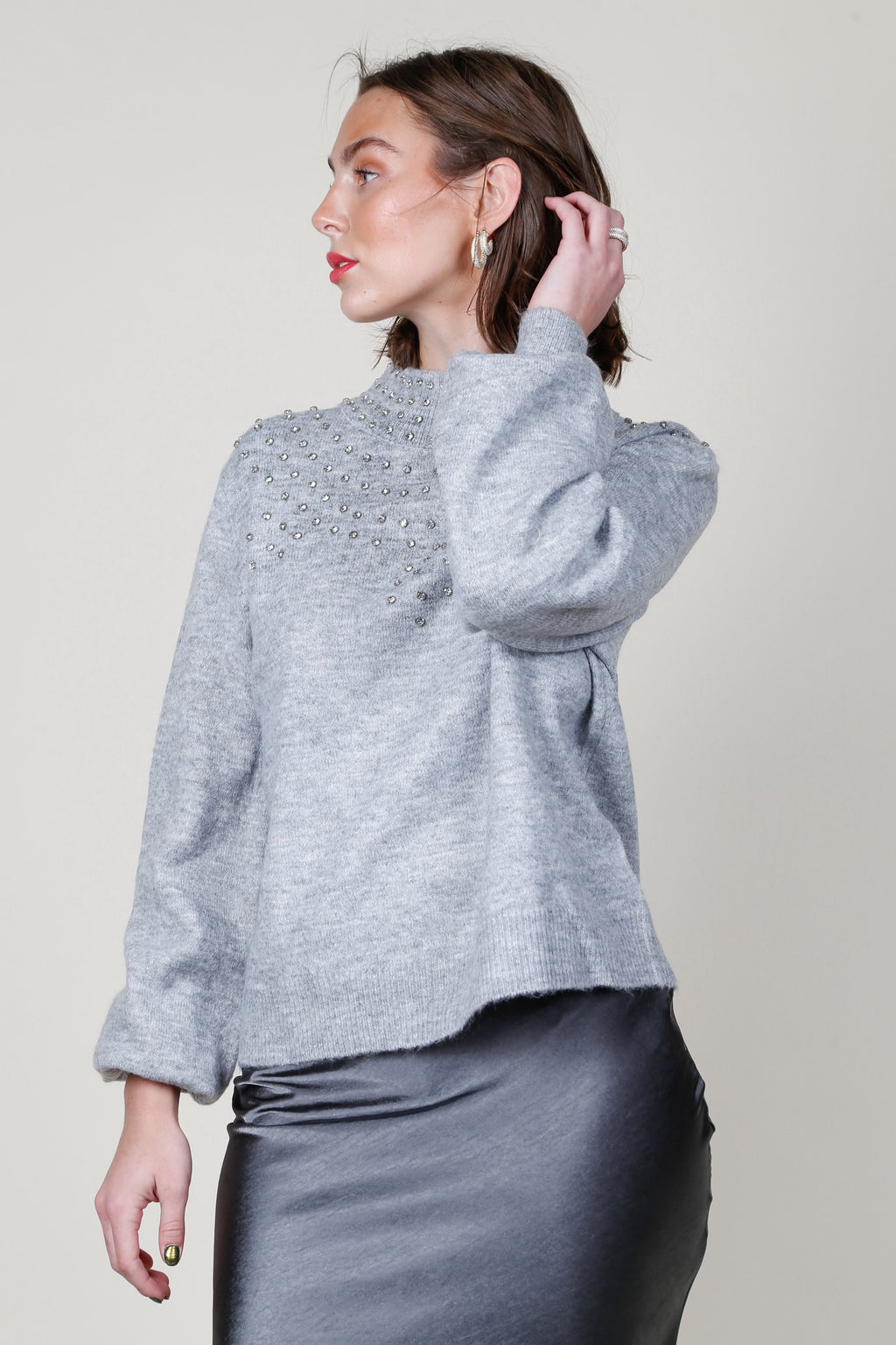 Mock Neck Long Sleeve Embellished Sweater - Grey