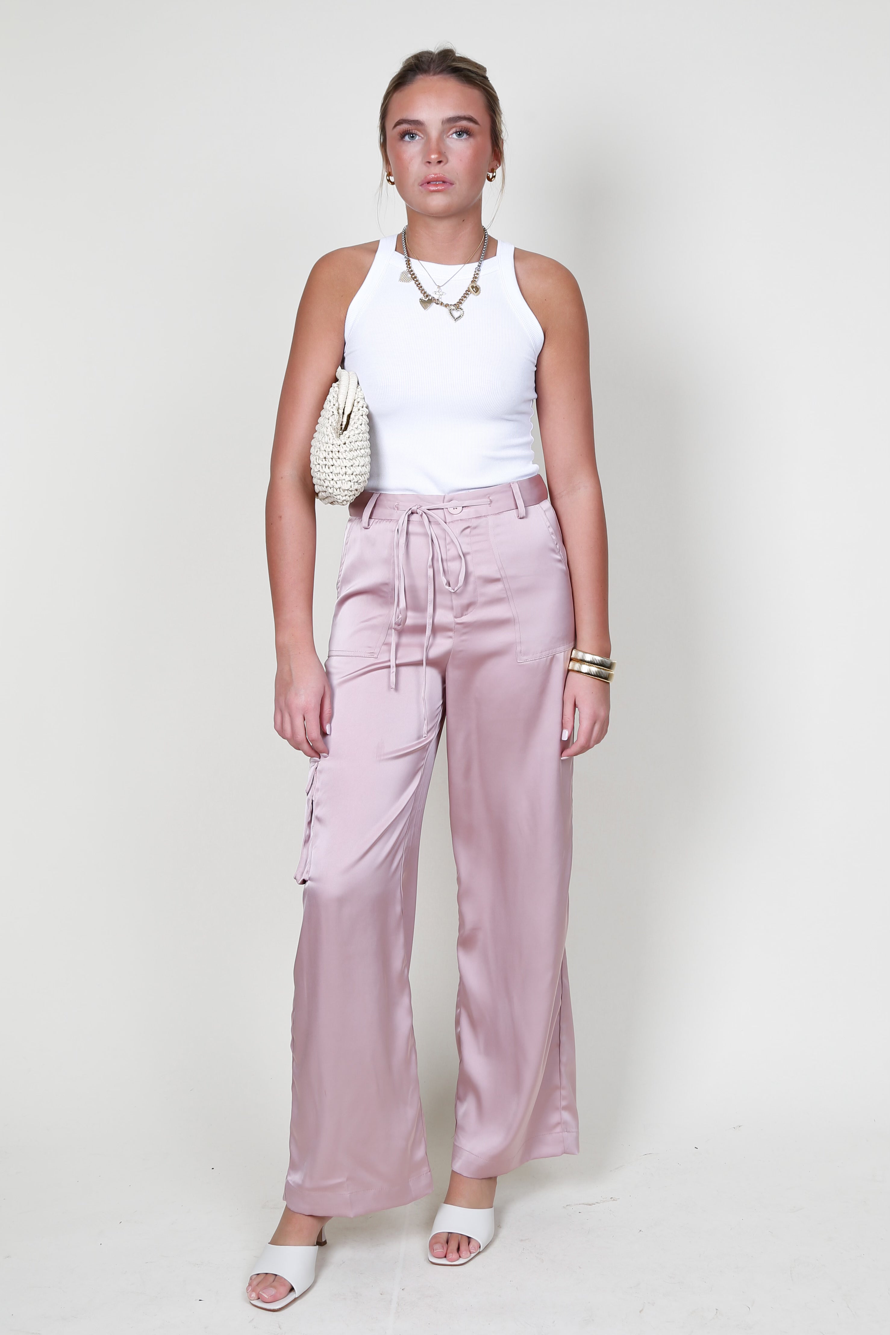 AUREUM Satin Cargo Pants Pink Scarlet Clothing