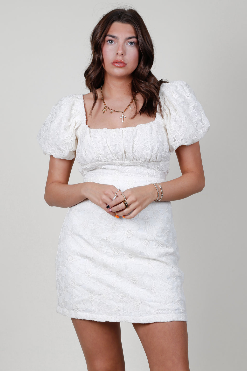 Lana Mini Dress - Floral Embroidered Cream