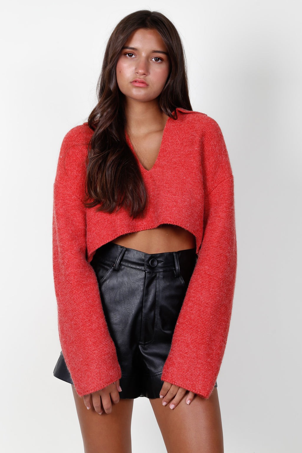 Collared Drop Shoulder Sweater Top - Red