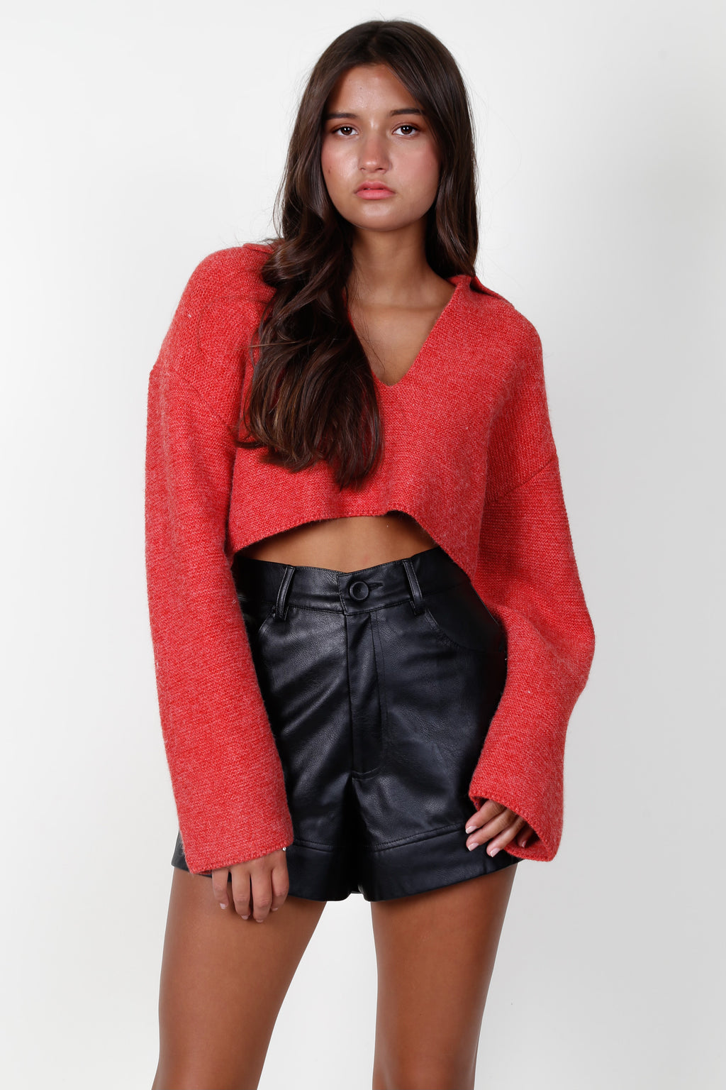 Collared Drop Shoulder Sweater Top - Red