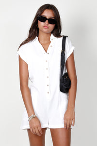 Cotton Gauze Buttondown Romper - White
