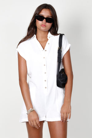 Cotton Gauze Buttondown Romper - White